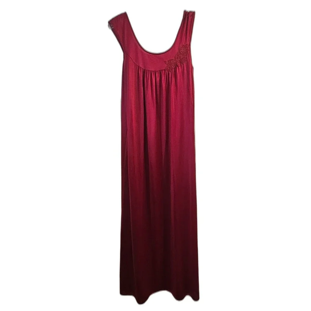 Vintage Lorraine Red Nightgown & Robe S Rose Embroidery Satin Nylon Made in USA